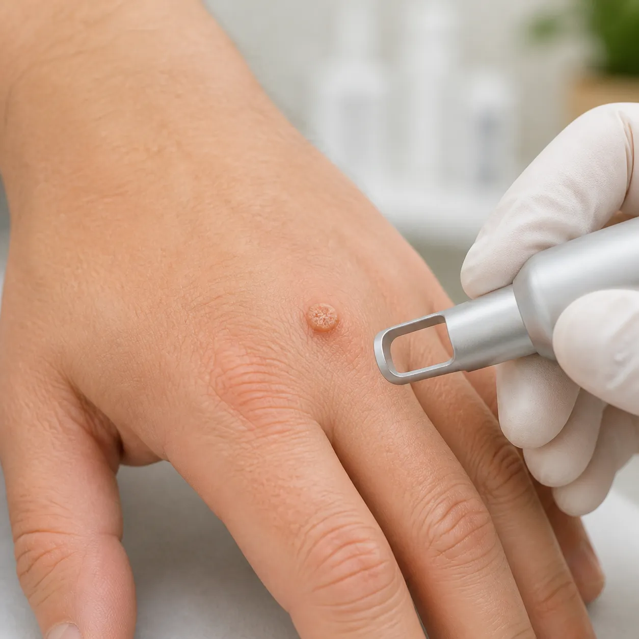 Vorbereitung einer Warzenbehandlung mit Laser